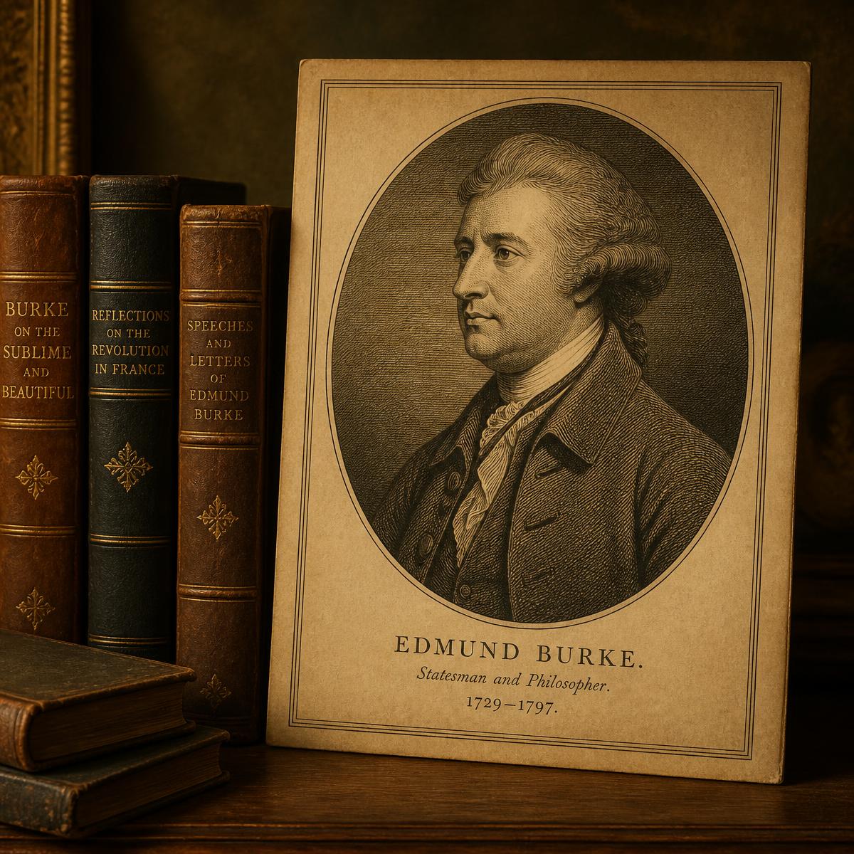 An engraving of Edmund Burke displayed beside worn leather volumes of his writings