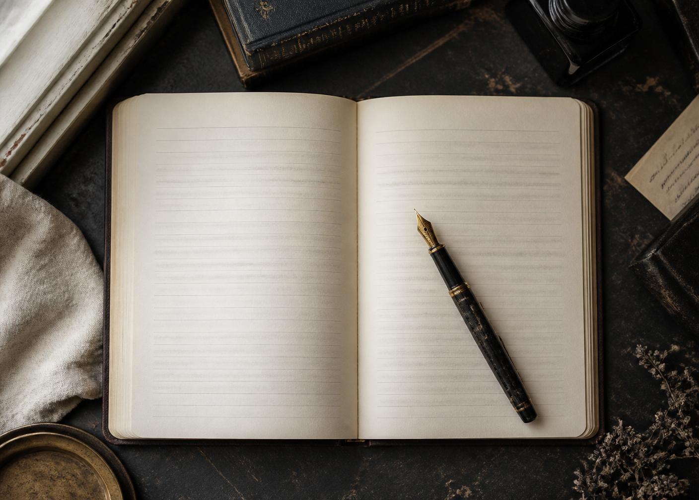 An open workbook with an antique fountain pen